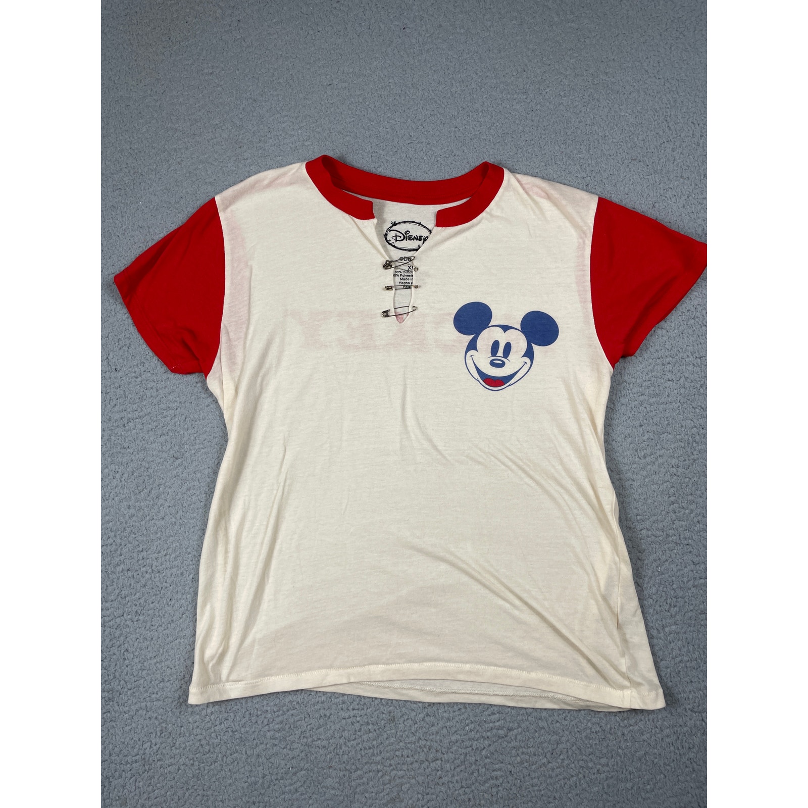 Disney Mickey Mouse Junior Womens Size Xl Safety Pin Vneck Short Sleeve T-Shirt